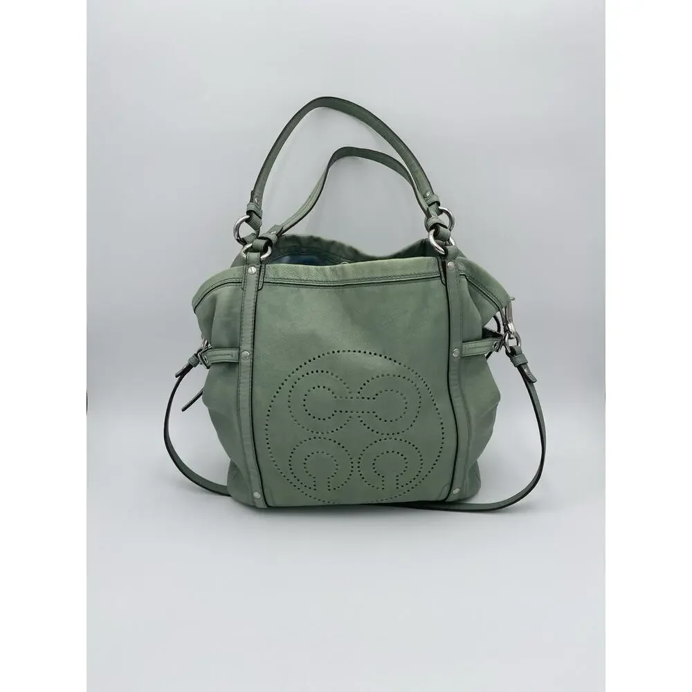 Coach Audrey Cinched Shoulder Bag Green Leather Double Handle Large 17064 READ